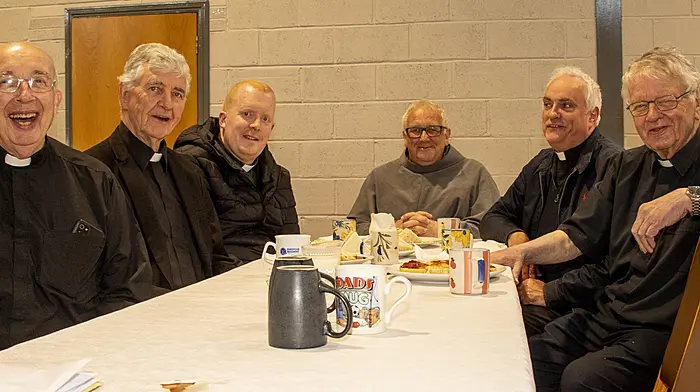 A celebration Mass was held in St Bridgets Church Union Hall last Saturday to mark Fr Michael Curran MSC  60 years as a priest. He was joined at the Mass and later in the Union Hall Community Centre for tea and sandwiches by: Fr Chris Coleman MSC, Fr Evin O’ Brien cc (Skibbereen), Fr Kevin Hanley OFM CC, Fr Kevin O’ Regan Moderator-Skibbereen and Fr Terry O’ Donovan (Rtd – Union Hall) Fr Curran (Enjoying the feast at the table LH side middle)  (Photos: Andrew Harris)