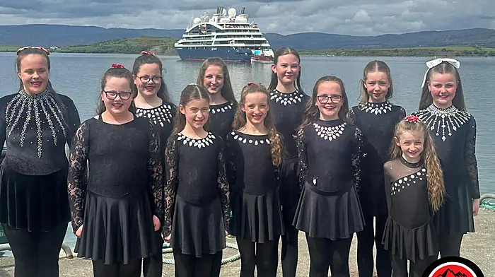 Dancers from Scoil Rince Carney welcomed passengers off the Le Laperouse cruise ship with their magnificent dancing last Sunday in Bantry. Back: Laura Cronin, Leona Dempsey, Saoirse O’Driscoll, Ellie Mullany, Ruby Heapes and Peggy O’Sullivan. Front: Tanya Dempsey, Pippa Connolly, Saidbh O’Driscoll, Abbie Collins and Fiadh O’Driscoll.