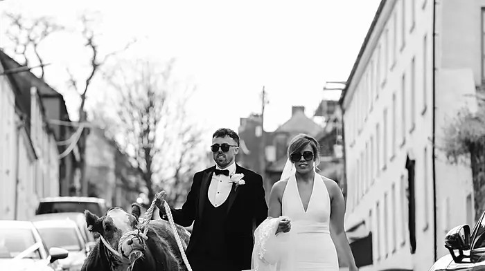 Ian Santry of Castlehaven and Denise O’Donovan of Dunmanway celebrated their wedding day in Castletownshend, accompanied by their heifer, Sapphire.  (Photo: Ray Terry)