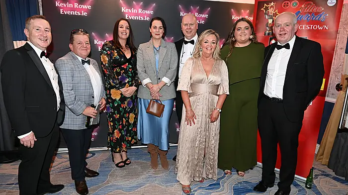 Committee member Kevin Flanagan, judges Dixie Collins, Sarah O'Donovan and Hilary Rose, Hubert Burrows, Noelle Buckley, Orla Dinneen and Sean Dinneen (chairman, Newcestown GAA) at the recent Newcestown Film Awards event.