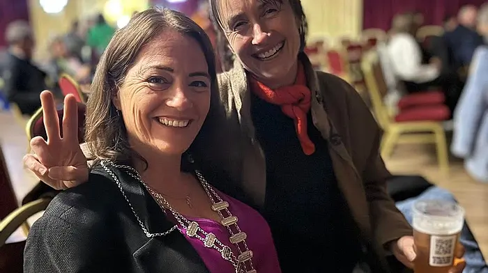Cllr Caroline Cronin, deputising for the county mayor, with Deirdre Quinlan of Schull’s Worm Books enjoying the opening of the Ballydehob Jazz Festival.