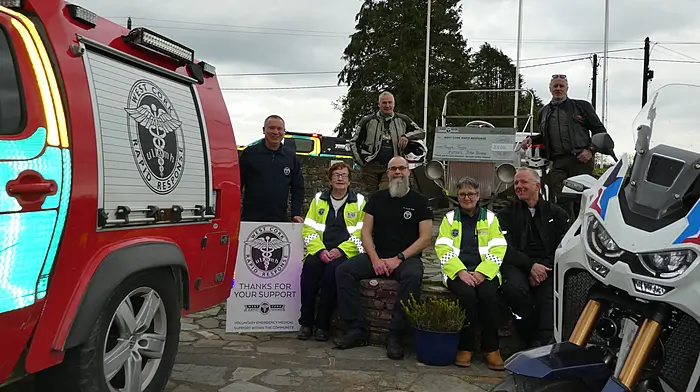 A Ballyvourney-based group of off road motorcycle riders recently presented a donation of €2,500 to West Cork Rapid Response, following their annual charity orienteering ride. The non-competitive event involved around 50 riders and was organised with the support and cooperation of local landowners, Coillte, and wind farm operators. The organisers extended their sincere thanks to Ørsted for their generous financial contribution, as well as to the other wind farm partners and private landowners who facilitated access along the route. The group highlighted the essential service provided by West Cork Rapid Response, particularly in rural communities. Back: Liam Slattery (WCRR), Don O'Leary and Charlie Faul (Raggle Taggle Gypsies, Baile Mhúirne). Front: Betty Hennessy (WCRR), Dr Jason van der Velde (WCRR), Kate Crowley (WCRR) and Gordon Lucey (event organiser).