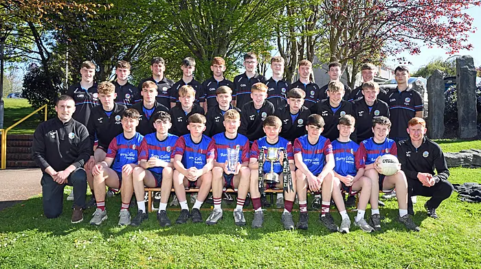 Carrigaline Community School’s U17 Munster football championship team with their coaches Cillian O'Shea and Shane O'Sullivan. (Photo: Siobhán Russell)