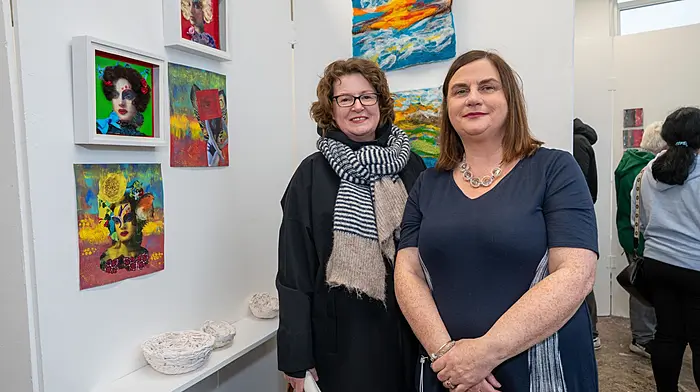 Deborah Bateman from Clonakilty with Level 5 artist Sharon Lane from Timoleague at Chaos and Creation, the end of year exhibition by Level 5 and 6 art students at Kinsale Campus.   (Photo: John Allen)