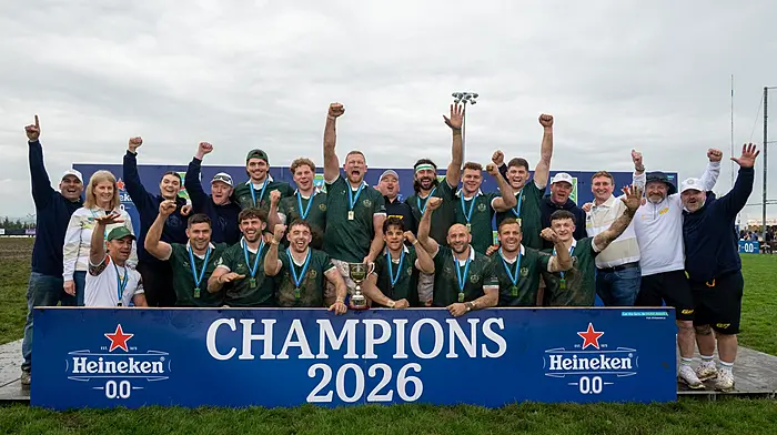 Gael Force, Irelands high performance Elite 7s team, celebrate winning the final with tournament director Lorraine Egan and Gerry Mooney from sponsor Heineken at the Heineken Kinsale Rugby Sevens last weekend.  (Photo: John Allen)