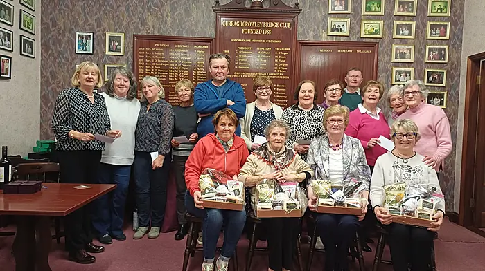 Winners of the recently held Carbery sponsored team of 4 event at Curracrowley Bridge Club are (front) Eithne Lordan, Mary Callanan, Maria Farrell and Vera Chambers. Back: Lucia Murphy, Karen O'Driscoll, Margaret Ryan, Kathleen O'Donovan, Piotr Prochniak, Kathleen Dineen, Eileen O'Donovan, Mary Coffey, Jerry O'Mahony, Teresa O'Halloran, Peg Kearney and Eileen Deasy.