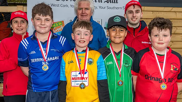 The Derrinacahara NS/Coppeen NS/Drinagh NS/Drimoleague NS crew pictured with Anne Kelleher and Matthew Hurley of The Southern Star and chairman of the SWCYRA Michael Walsh.