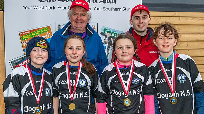 The Clogagh NS 2 crew with SWCYRA Chairman Michael Walsh and Southern Star sports reporter Matthew Hurley. (Photo: Andy Gibson)