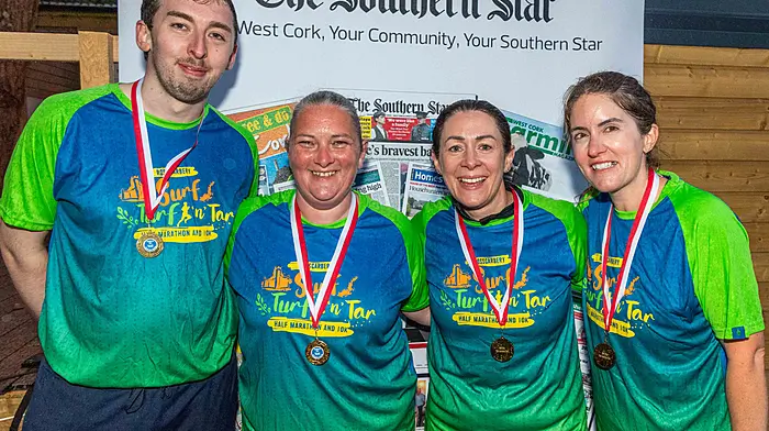 The Bunscoil Fachtna teachers race crew receiving their medals. (Photo: Andy Gibson)