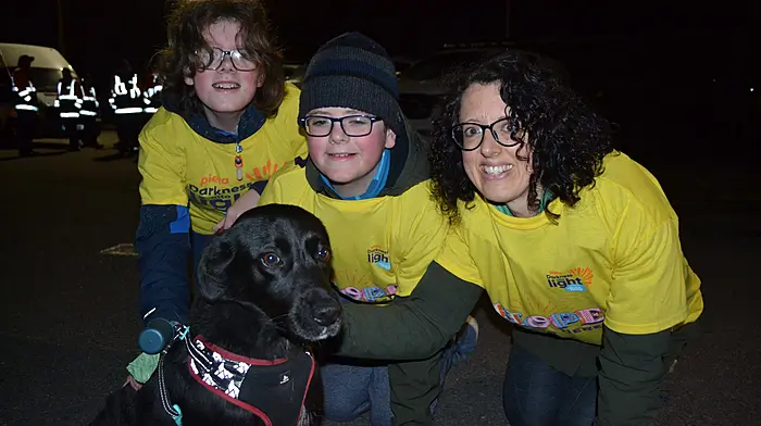Pictured at the  Skibbereen Darkness Into Light Walk for Pieta House  were Naomi, Eoin and Cillian Dieter with Nejmeh, Skibbereen. Photo; Anne Minihane.
