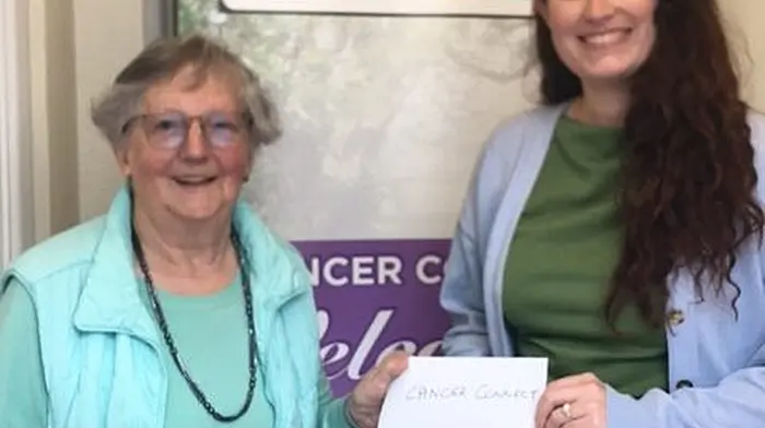 Hazel Vickery presenting the proceeds of a quiz which she had compiled as a fundraiser for Cancer Connect to Sinead Keohane, Cancer Connect. The amount raised was €455 and Hazel expressed thanks to all those who took part in the quiz.