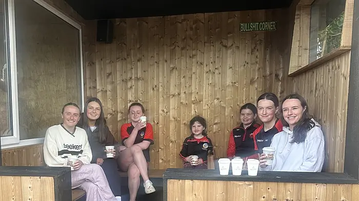 Millie Condon, Aoibhínn Ryan, Siobhán McCarthy, Ciara McDermott, Kate O'Flynn,  Aideen Murphy and Annie Condon at the new seating area at Balbrú.