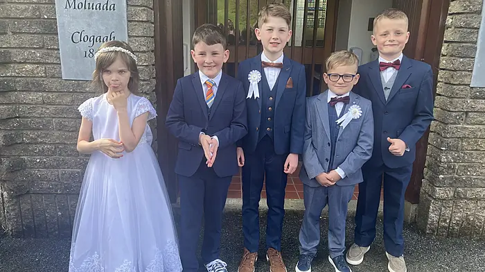 Clogagh National School pupils Amelia Harrington, Conor O’Sullivan, Donnacha Deasy, Rory O’Flynn and Cian Coomey celebrating their First Holy Communion in Clogagh Church.