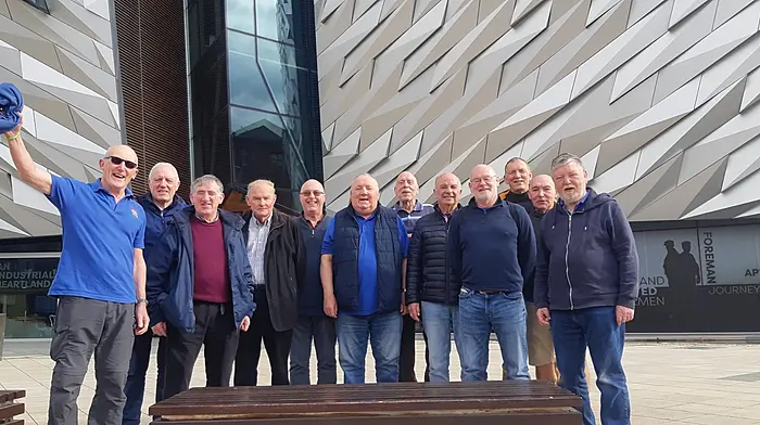Clonakilty Men’s Shed members at the Titanic centre in Belfast on their recent trip. From left: Sean Brennan, Gerard Brennan, Kevin O’Brien, Fachtna O’Callaghan, Paul Lynch, John Collins, David Everett, Noel Lynch, John Hennessy, John McNulty, Billy Brennan and Cathal Convery.