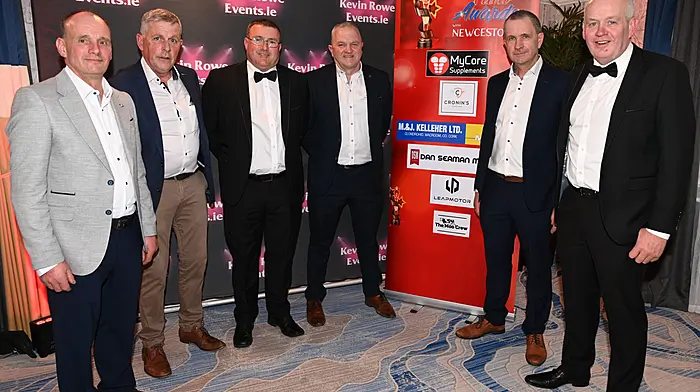 Some members of The Moo Crew -  platinum sponsors (over 30 local farmers in total) - Don McSweeney, Eamon Buckley, Jerome Kelleher, Gerard O Donovan, Michael Collins and Sean Dinneen (representatives) at the recent Newcestown Film Awards.