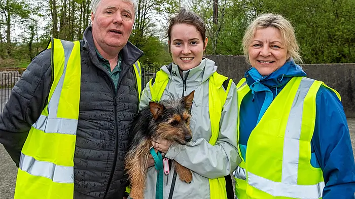 Gaggin Community Hall association held a 5k fundraising walk and coffee morning recently in aid of Munster Lost & Found Pet Helpline. Taking part in the walk with their dog Etta were Tom, Sarah and Evelyn Shortall from Enniskeane.   (Photo: Andy Gibson)
