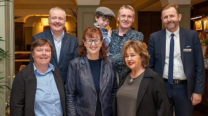 Pictured as Lisa Murphy and Alice de la Cour received their joint Cork Persons of the Month Awards were (back): Anthony O’Donovan (awards sponsor), George and Max Duggan (Cork Crystal) and Eamonn Cassidy (The Metropole Hotel/Trigon Hotels). Front: Lisa Murphy (Cork Person of the Month), Ann-Marie O’Sullivan (AM O’Sullivan PR), and Alice de la Cour (Cork Person of the Month).