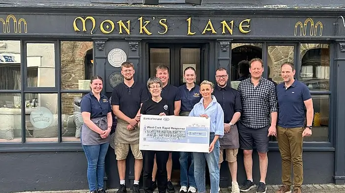 A fundraising dinner hosted by Gavin and Michelle was held at Monk's Lane recently in aid of West Cork Rapid Response and a sum of €8,110.40 was raised. Included in the photo is Michelle presenting the cheque to Rhona Deane of WCRR, Gavin Moore, Eamonn Barry (WCRR) and Monk’s Lane staff.