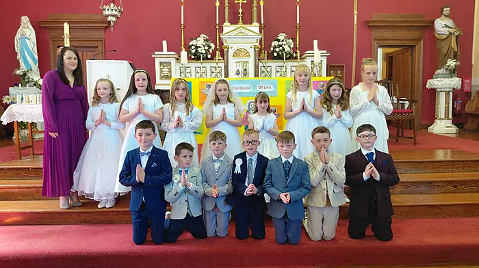 The First Holy Communion class from Castletownshend National School, along with their teacher Mrs Tobin. The children received the sacrament last Saturday at St Barrahane’s Church.