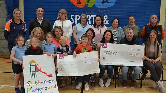 Skibbereen Cheval Ride presented two cheques from their recent fundraising cheval which was held in memory of Ciara O'Driscoll, to Skibbereen Sports Centre and Skibbereen Playground. At the presentation were Christine Murphy, Nollaig Harte, Patricia Crowley, Mary Sheehy and Marina Courtney (Skibbereen Cheval Ride committee),  Bernie Gleeson, Sorcha O'Connell, Susie Cadogan, Liz Ryan (Skibbereen Playground), Niall McCarthy, Weronika Malinowska, Jennie Brickley, Eddie Nealon and Jonathan McSweeney (Skibbereen Sports Centre) and Grace O'Mahony, Zoey and Darragh Ryan and Eadaoin and Iarlaith O'Connell.   (Photo: Anne Minihane)