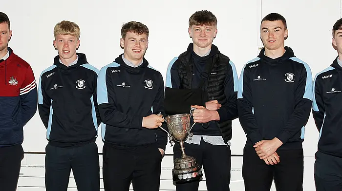 Maurice Shanley with the Ibane Gaels contingent of Callum Collins, Conrad Murphy, Mike Collins, Riley O'Donovan and Jamie Collins. (Photo: Paddy Feen)