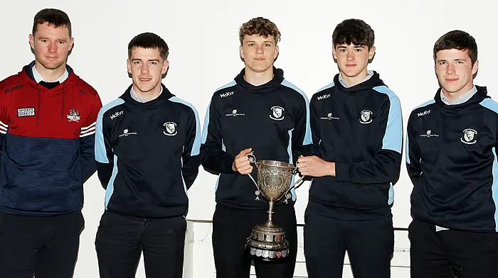 Ballinascarthy’s Flor McCarthy, Jerry O'Leary, Joe Twomey and Andrew McCarthy with Cork footballer Maurice Shanley. (Photo: Paddy Feen)