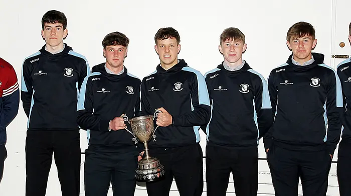 Cork footballer Maurice Shanley with Clonakilty GAA Club members of Clonakilty Community College's Simcox Cup winning team. From left, Eanna Deiseach, Tom Whooley, Dylan Harrington, Fionn O'Donovan, Ewan Knowles and David Harte. (Photo: Paddy Feen)