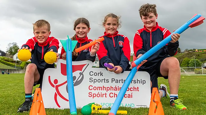 REPRO-FREE: Rosscarbery, West Cork, Ireland. 14th May, 2026. Seven primary schools from around West Cork attended an athletics activity day at Rosscarbery Ladies GAA ground today. The children did a number of different athletics activities with the day organised by Craig Harrington of Cork Sports Partnership. Pictured at the event are Conor Flavin; Katie O'Driscoll; Cliona O'Donovan and Jay O'Donovan from Bunscoil Fachtna. Picture: Andy Gibson.