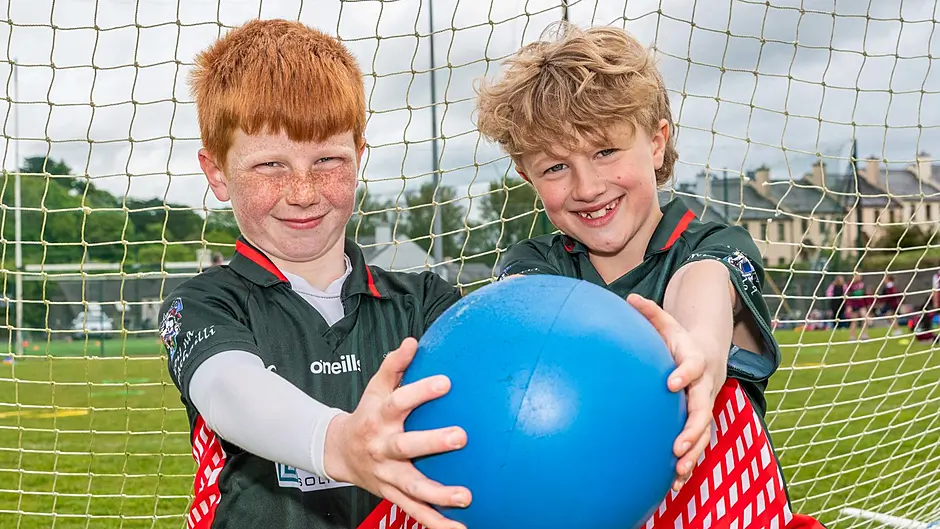 Evan White and Jacob Gallwey from Scoil na mBuachaillí n athletics activity day at Rosscarbery Ladies GAA ground Picture: Andy Gibson.