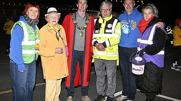 Clonakilty nonagenarian and Darkness into Light ambassador Noreen Minihan (second from left) with event organisers (from left) Sinead Crowley, Conan O'Donovan, John Joe Lyons, Paul Hayes and Roni Coomey.  (Photo:  Martin Walsh)