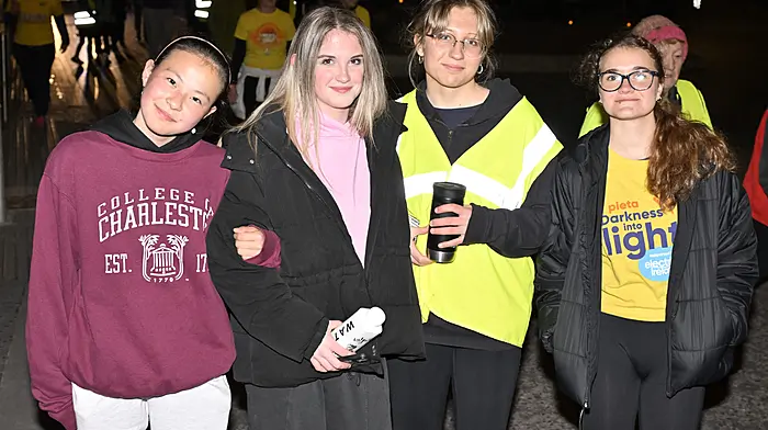 Locals Aoibhinn Ahern, Callie Hayes, Nadia Strot and Jadoga Hejnn at the Darkness into Light Walk in Clonakilty.  (Photo: Martin Walsh)