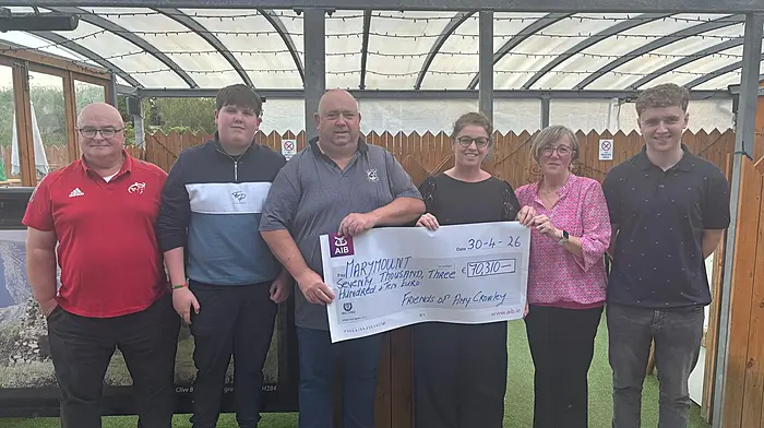 John Crowley (Adrigole), together with his sons Liam and Ronan, organised a fundraiser for Marymount Hospice in memory of his wife Amy who died in November 2025.  On Saturday May 2nd the family presented a cheque for €70,310 to Marymount.  From left: Con Murphy,  Ronan Crowley, John Crowley, Camille Doyle (Marymount), Colleen Murphy and Liam Crowley.