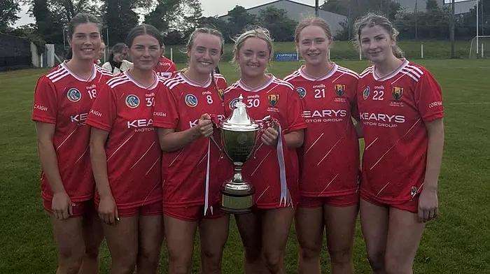 The Carbery contingent celebrating after capturing the All-Ireland U23 camogie cup. From left: Amy McCarthy, Mary Clare Murphy, Millie Condon, Niamh Kennedy, Maebh O'Brien and Catherine Murphy.