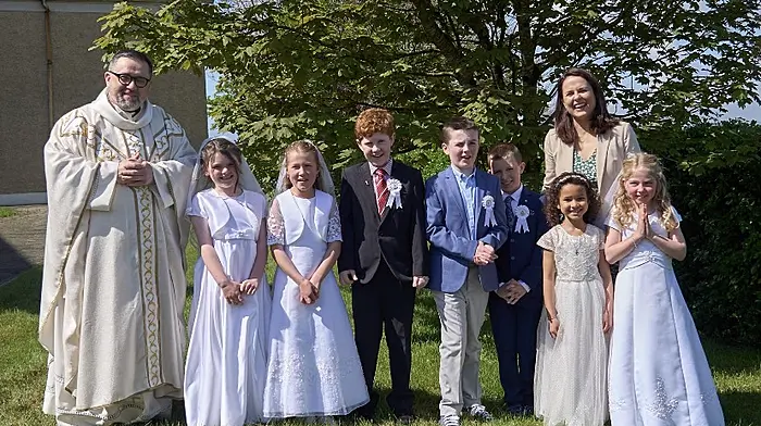 Pupils from Rathbarry National School who recently made their First Holy Communion at St James’ Church, Ardfield. Also included are Fr Fergus Ryan and school principal Catherine Foley.