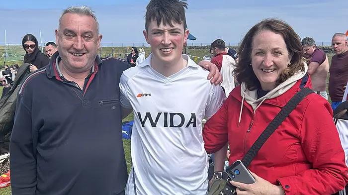 John Casey with Whiddy Island’s goalie Luke O’Sullivan and his mother Rose O’Sullivan, who grew up on Whiddy.