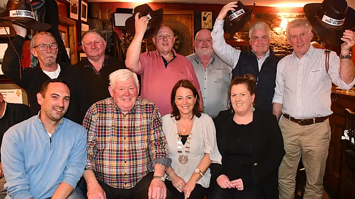At the Irish Whip Bar for the launch of the Ballydehob Country Music Festival  which will be held during the June bank holiday weekend are (front): James Levis, Barry O'Brien, Cllr Caroline Cronin (deputising for the county mayor) and Bernie O'Brien. Back: James Donegan, Gerard O'Driscoll, Eddie Hodnett, JP O'Brien, Cllr Finbarr Harrington and Diarmuid O'Donovan.    (Photo: Anne Minihane)