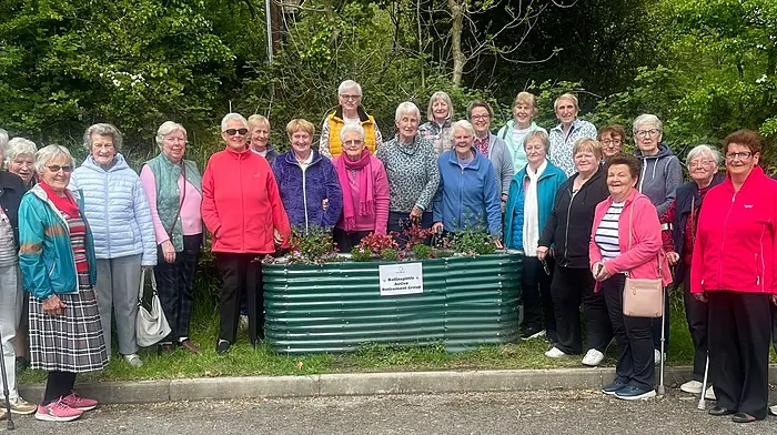 The Ballinspittle Active Retirement Group at their recent planting project at the Ballinspittle playground. Back: Sheila White, Nell Footman, Rita McCarthy, Mary O’Leary, Mary Moloney, Mary Minihane, Opel Bateman, Mary Brown, Eleanor Farrell, Nora McCarthy, Jane Corkery and Nora O’Donovan.  Front: Mary O’Mahony, Eileen Hogan, Josie Hayes, Pauline Downing, Anne Bowen, Peggy Arundel, Kay Collins, Nuala White, Elma Crowley and Michael Crowley.