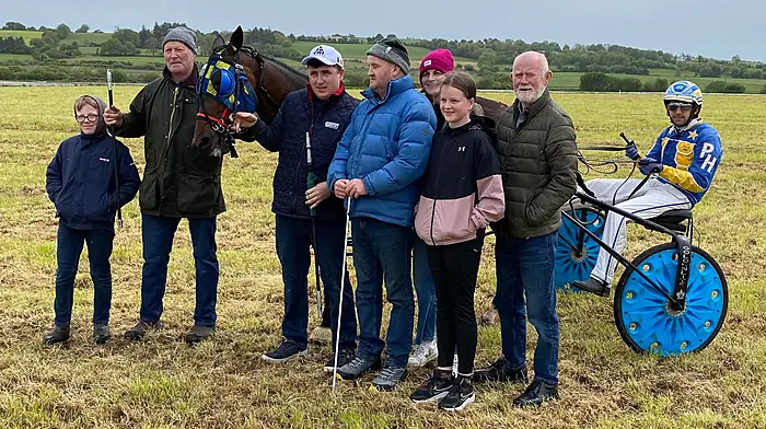 Christy Brown was the winner of the Grade F Race at Manch Harness Races last Sunday. From left: Peter Cremin, Mike Healy, Conor Hurley Trainer, Liam O’Brien (owner), Mags Harrington, Ciara Harrington, Connie O’Mahony and Patrick Hill (driver).