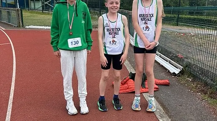 Riverstick/Kinsale athletes Jay Jay Murphy, Donnacha O'Donoghue and Shannon O'Donoghue who got medals at the county athletic championships at the MTU track.