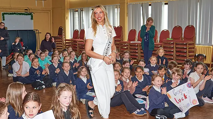 Erika Coakley paid a special visit to her former school, St Mary’s National School, where pupils and staff gave her a warm welcome and wished her the very best in the upcoming Cork Rose selection.   (Photo: Noel M Photography)