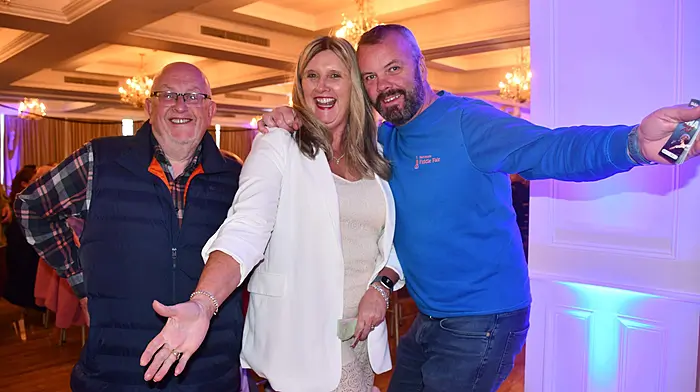 Adrian Healy, Rita O'Connell and Brendan McCarthy of Skibbereen Geriatric Society which brought Rebecca O'Connor and her Tina Turner tribute performance back to Skibbereen for the second year running.   (Photo: Anne Minihane)