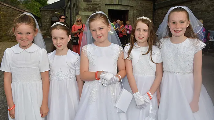 Rachel Berry, Leah Ryan, Kayla Keohane, Barbora Veale and Hannah Connolly who recently receivd their First Holy Communion waiting for the relics of St. Carlo Acutis to arrive to St. Patrick's Cathedral in Skibbereen. Photo; Anne Minihane.