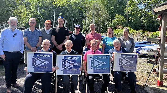Honorary members and committee members of Bantry Bay Sailing Club. Seated: Sean Kelly, Pat Gallagher, Enda on behalf of Johnny Crowley and Stephen Hourihan. Standing:  Billy Coakley, Toby Bradbury, JP English, Peter Brosens, Jerry Thomas, Alan Hinnell, Kathryn Kingston and Jean Bolger.