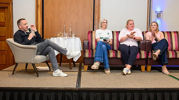 Kieran McCarthy interviewing Nuala Carey, Niamh Briggs and Libby Coppinger at the Captain’s Couch event organised by the Bantry Bay RFC. The event was held at the Maritime Hotel to mark 100 years of Bantry Bay RFC and to celebrate the great local athletes in the area.   (Photo: Tony O’Donovan)