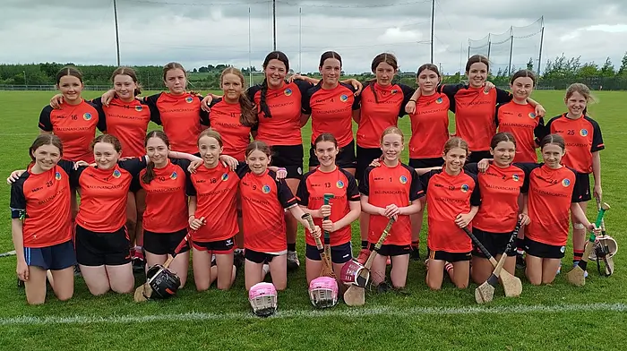 The Ballinascarthy U14 camogie team. Back: Leanne Walsh, Neasa Kiernan, Beth Jordan, Sarah Walsh, Leah Buttimer, Aideen Murphy, Hannah Murphy, Odette O'Donovan Forcey, Éala Pattwell, Sabhdh O'Flynn and Maeve O'Driscoll.  Front: Aoife O'Driscoll, Siobhán McCarthy, Aoibhínn McCabe, Laoise Ryan, Róisín Straight, Leah Deasy, Grace O'Sullivan, Éabha O'Leary, Kate O'Flynn and Erin O'Driscoll.