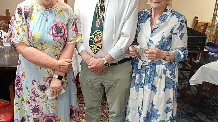 Winners of the Dunmanway Bridge Club president’s prize at the Parkway Hotel were Clare Murphy and Josephine MacSweeney, who were presented with their award by club president Mike O’Donovan.