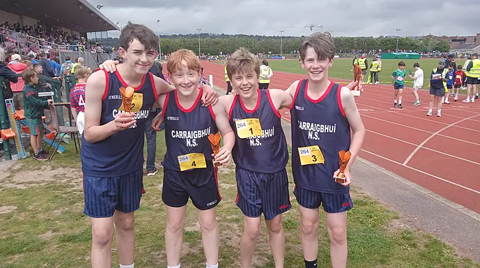 Kevin Hickey, Quintin Horstmanshoff, Zach McCarthy and Jamie Ward made up the Carrigboy National School’s boys’ relay team that came third in their race at Cork City Sports last week.