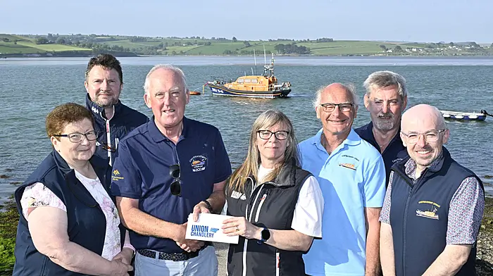 Toni O'Leary (Union Chandlery) presenting the proceeds from their Tide Tables booklet to Liam Murphy (Courtmacsherry RNLI). Also included are (from left) Martha Drake (Courtmacsherry RNLI), Roger Betts (Union Chandlery), Brian O'Dwyer, Sean O'Farrell and Paul Finn, all Courtmacsherry RNLI.    (Photo: Martin Walsh)