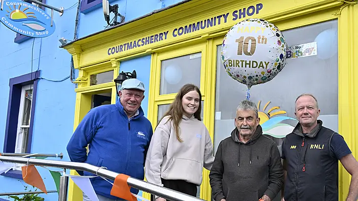The Courtmacsherry Community Shop celebrated its tenth anniversary last weekend. From left: Mark Gannon, Megan Murphy, Denis Cahalane and Dara Gannon. (Photo: Martin Walsh)