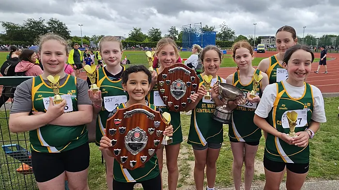 The St Mary's Central School winning junior and senior relay teams, both of whom claimed gold at the Cork City Sports.  Their outstanding performances contributed to St Mary’s securing the overall school cup for the highest number of trophies won on the day. From left: Kate Crowley, Alanah Kingston, Jada McCarthy, Zoe O'Sullivan, Moya Hennessy, Michaela O'Sullivan, Ella Murray and Aoife Hennessy.